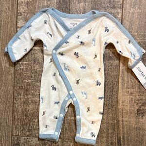 Carter's Premie Cream and Blue Animal Print One-Piece Snap Romper